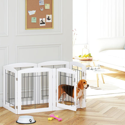 PAWLAND Free Standing Dog Gates for The House Stairs Doorways Indoor Foldable Wooden Small White Puppy Pet Gate Step Over Fence 60" W 24" H 3 Panels