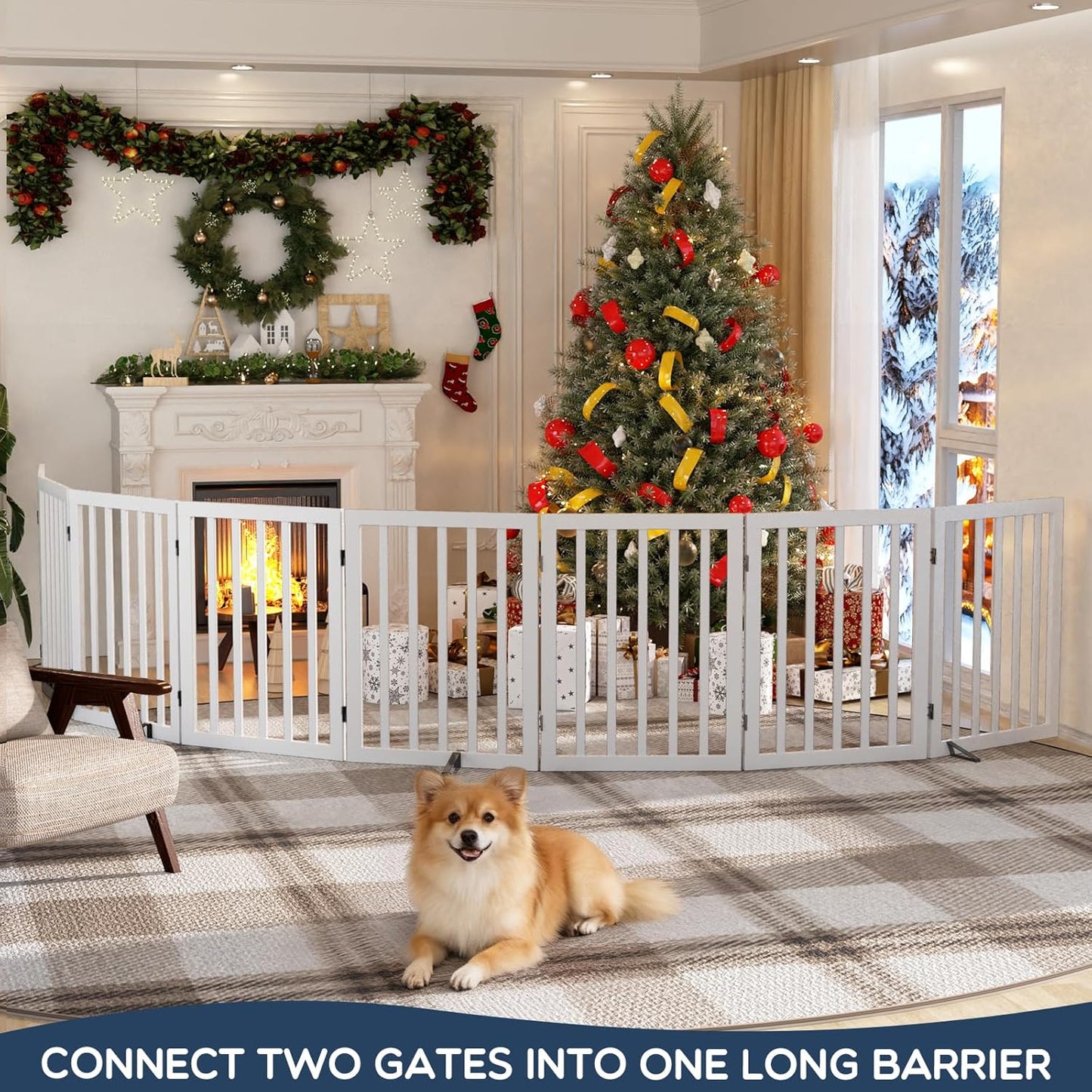 Homykic Bamboo Freestanding Dog Gate, No Assembly Pet Gate Indoor, 24”H x 75”W Extra Wide Foldable Puppy Fence with Support Feet for the House, Doorways Stairs, 4 Panels, No Drilling, Espresso