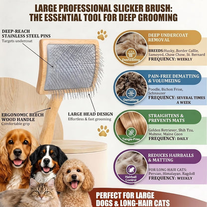 Slicker Brush for Doodles and Poodles - 2-Piece Solid Wood Dog Grooming Set with Extra Long Pin Dematting Tool and Metal Comb for Curly, Matted & Thick Hair, Purple