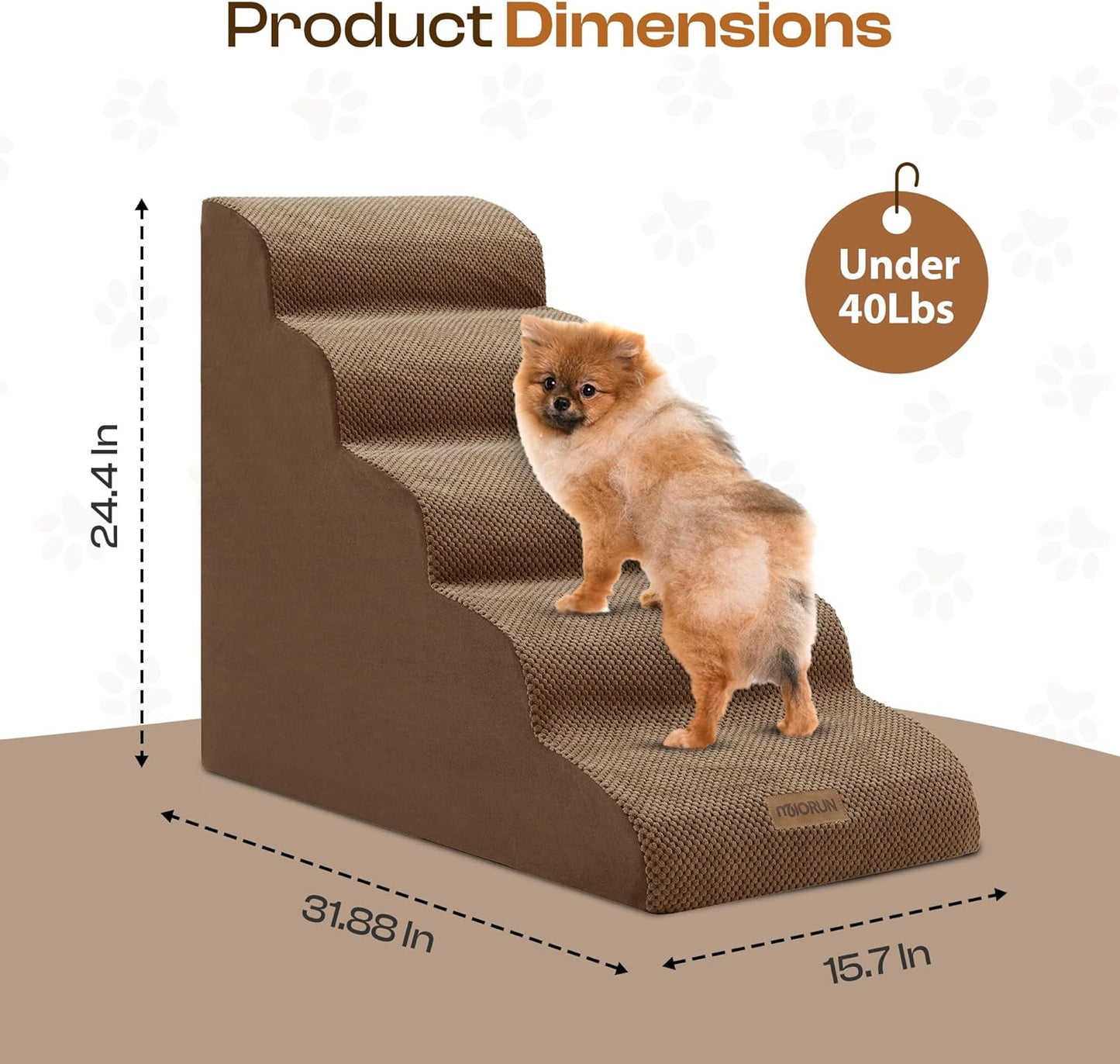 Dog Stairs for High Beds Up to 30", Extra-Tall 5-Step Dog Steps for Bed, 24.5" Tall Foam Pet Stairs for Small & Medium Dogs, Gentle Slope Cat Ramp for Bed with Washable Cover