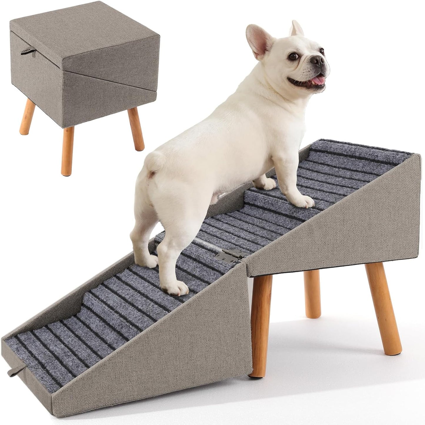 17.13" H Split Ottoman Dog Ramp for Couch and Bed, Non Slip Dog Stairs for Small Medium Large Dogs Cats Puppy, Joint Support 2 in 1 Foldable Wooden Pet Steps for Senior/Injured Dogs, Space Saving