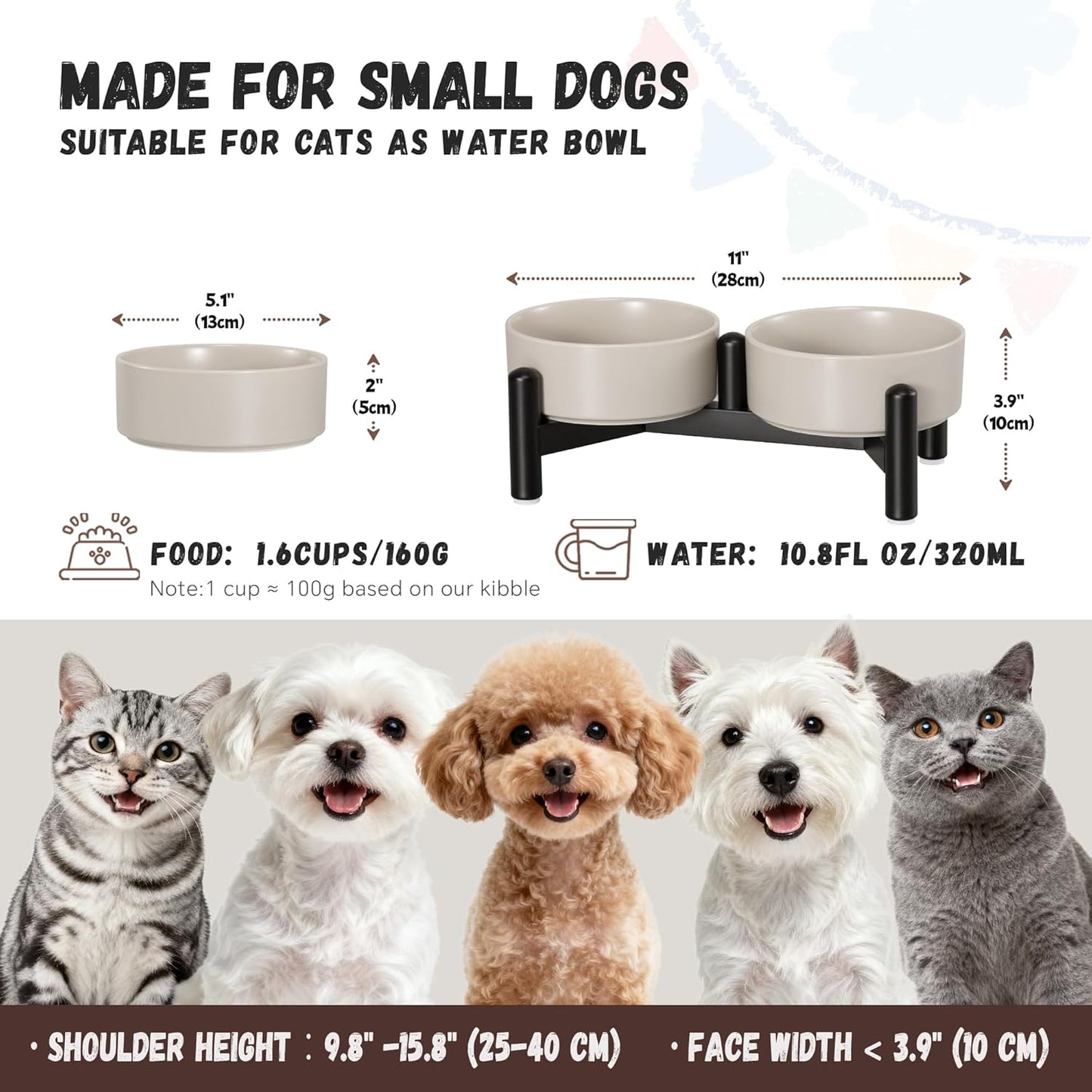 Raised Ceramic Dog Bowl Set - Elevated Double Dishes with Stainless Steel Stand - Food and Water Bowls for Small to Medium Dogs - Each Holds 3.5 Cups (29.57 fl oz) - White