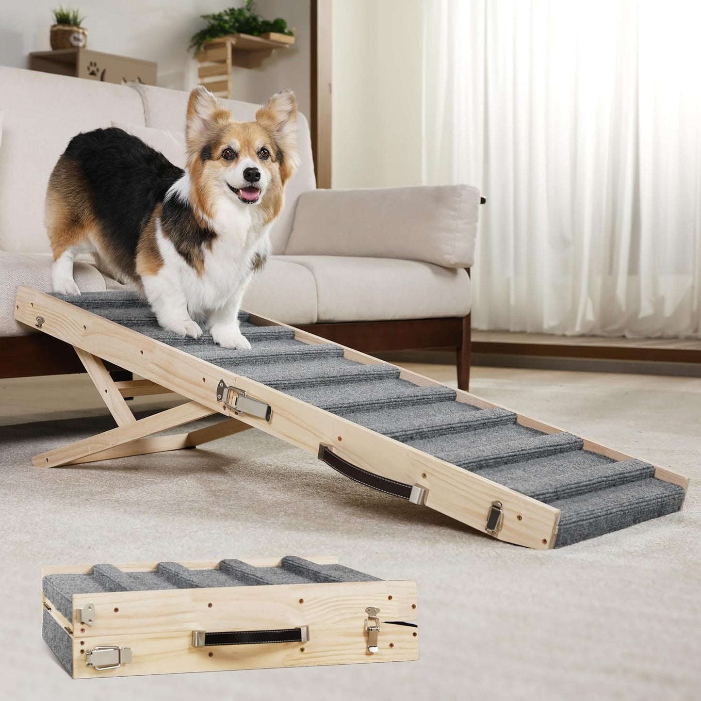 Dog Ramp Dog Stairs for Small Dogs Foldable Dog Ramp with 4 Adjustable Heights from 7.48'' to 15.35" Wood Stairs with Non Slip Carpet Portable Pet Ramp for Couch, Sofa, Low Bed (Natural Wood)