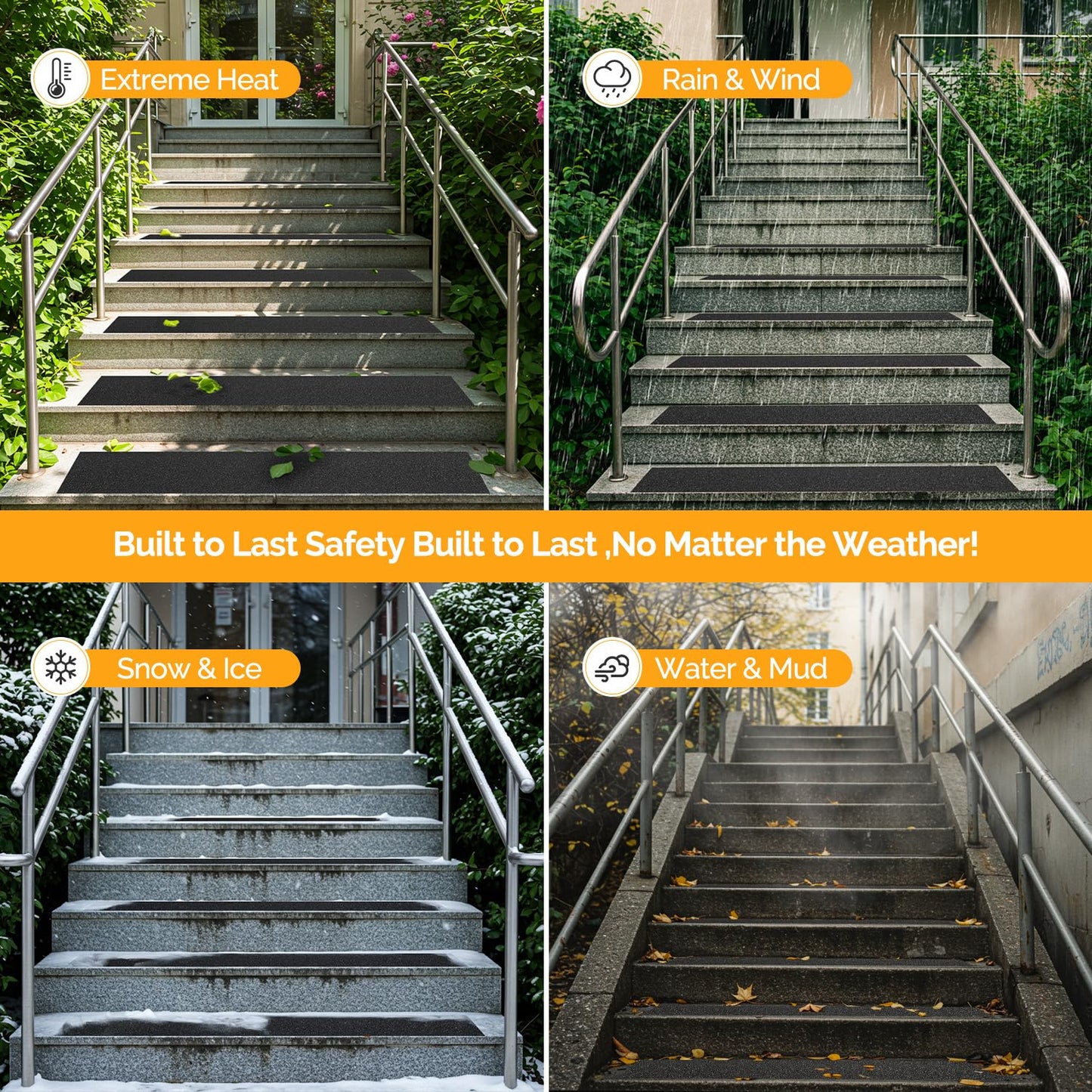 Outdoor Stair Treads Non Slip for Wooden Steps 6" x 30" - 15 Pack Weather Resistant Exterior Grip Tape, Non Slip Stair Treads, Anti Skid Strips, Waterproof 80-Grit High Traction Adhesive Treads, Black