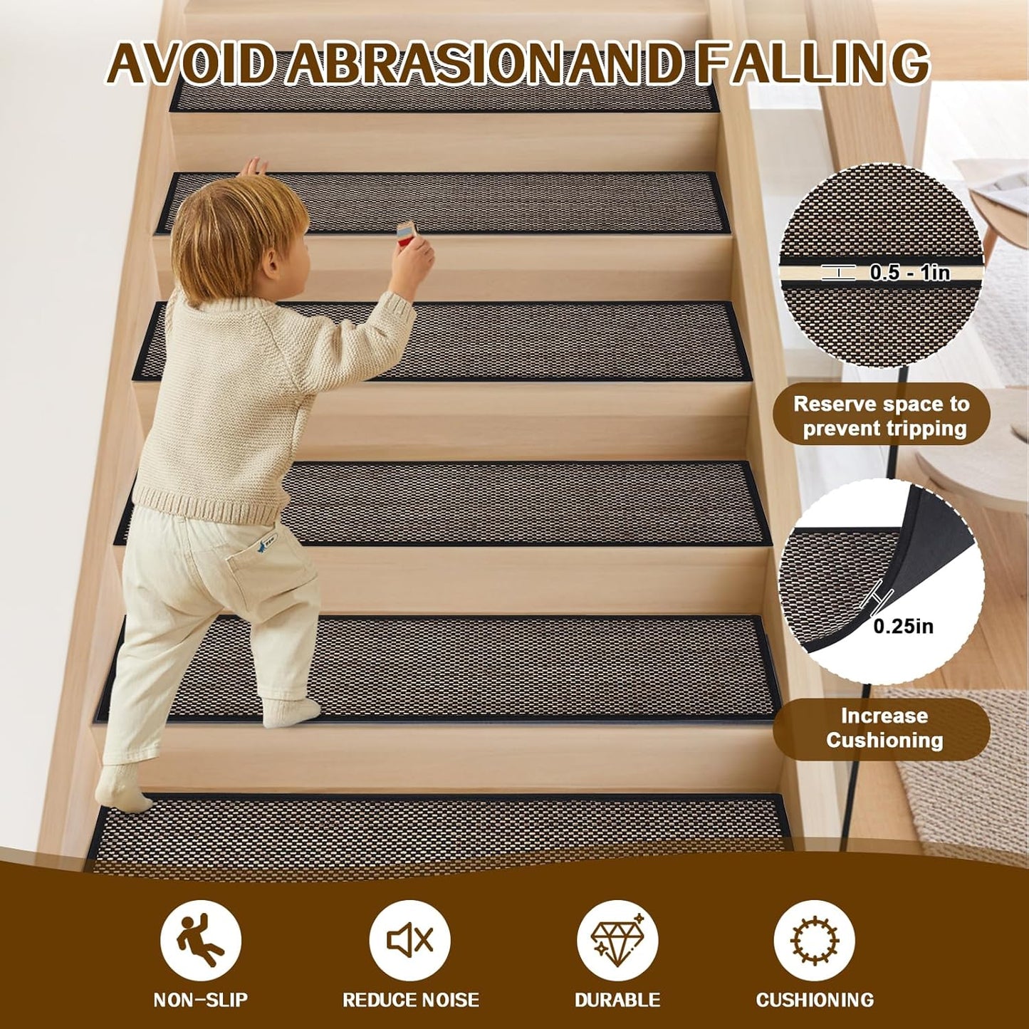 Stair Treads Non Slip, Rubber Backing Stair Treads for Wooden Steps, 15 PCS Thicken Linen Carpet Stair Runners Indoor for Kids Elders and Pets, No Residue Stair Carpet Treads, 8"x30", Beige