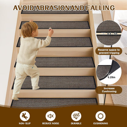 Stair Treads Non Slip, Rubber Backing Stair Treads for Wooden Steps, 15 PCS Thicken Linen Carpet Stair Runners Indoor for Kids Elders and Pets, No Residue Stair Carpet Treads, 8"x30", Beige
