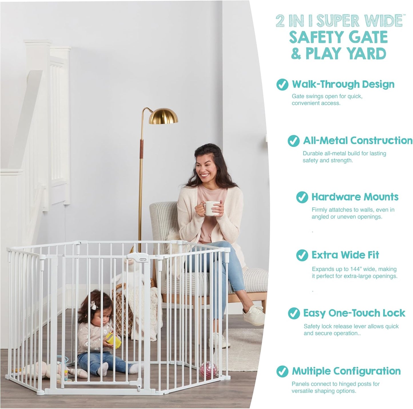 Regalo Safety 28"-76” Super Wide Configurable Baby Gate for Doorways & Open Spaces, 3-Panel Wall Mounted Safety Gate with Door for Babies, Toddlers & Pets, Includes Wall Mount Hardware