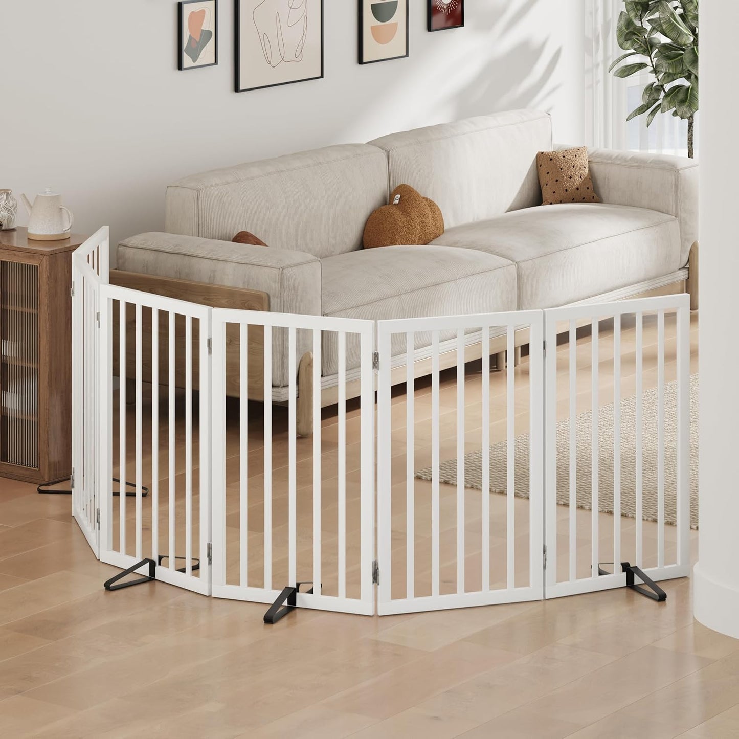 Freestanding Foldable Dog Gate - 4 Panel Room Divider with Metal Support Feet (Black)