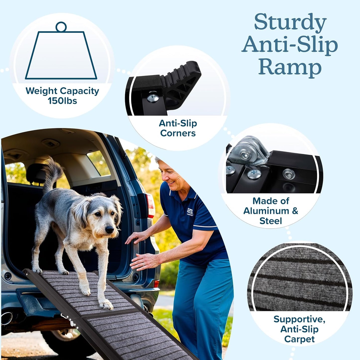 Dog Ramp - 62” x 17.5” Folding Dog Ramp for Car, Truck, SUV, or RV - Portable Ramps for Large Pets with Non-Slip Rug Surface - Pet Travel Accessories by PETMAKER (Black)
