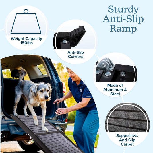 Dog Ramp - 62” x 17.5” Folding Dog Ramp for Car, Truck, SUV, or RV - Portable Ramps for Large Pets with Non-Slip Rug Surface - Pet Travel Accessories by PETMAKER (Black)