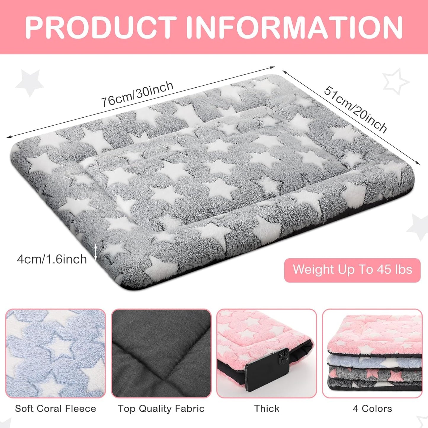 VitalCozy 4 Pcs Dog Crate Pads, Ultra Soft Warm Washable Anti-Slip Kennel Bed Mat for Pets, Reversible, Replaceable, Cage Liner for Small Medium Large Dogs and Cats (18 x 24 x 1.6 Inch,Star,Gray)