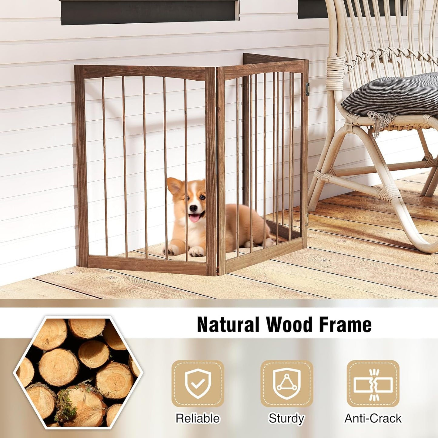 PETSITE 3-Panel Foldable Dog Gate Indoor, 30 Inch Height Wooden Freestanding Pet Fence for Stairs, Hallways, and Doorways, Ideal for Small Sized Pets (Grey)