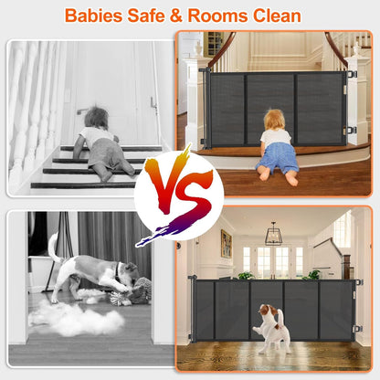 Upgrade 120 inch Retractable Baby Gates, EZIGO Extra Wide Baby Gate for Large Opening Extra Long Mesh Gate for Kids or Pet Dog Gate Child Safety Gate for Stairs Hallways Doorway Indoor Outdoor, Gray