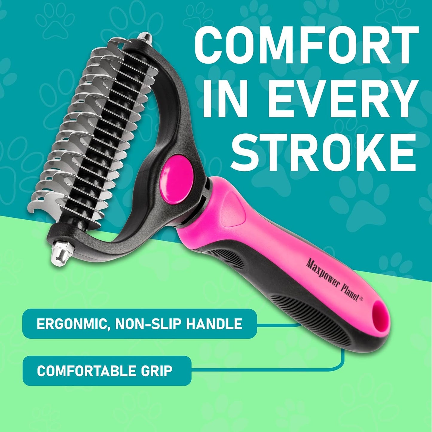 Maxpower Planet Hair Brush - Double Sided Shedding, Dematting Undercoat Rake for Dogs and Cats - Extra Wide Dog Grooming Brush, Reduce Shedding by 95%, Turquoise