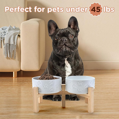 SPUNKYJUNKY Elevated Dog Bowls Ceramic, 6.1'' Dogs and Cat Food Water Bowls Raised with Non-Slip Bamboo Stand for Medium Sized Breed Microwave Dishwasher Safe - 28.7 OZ,Beige
