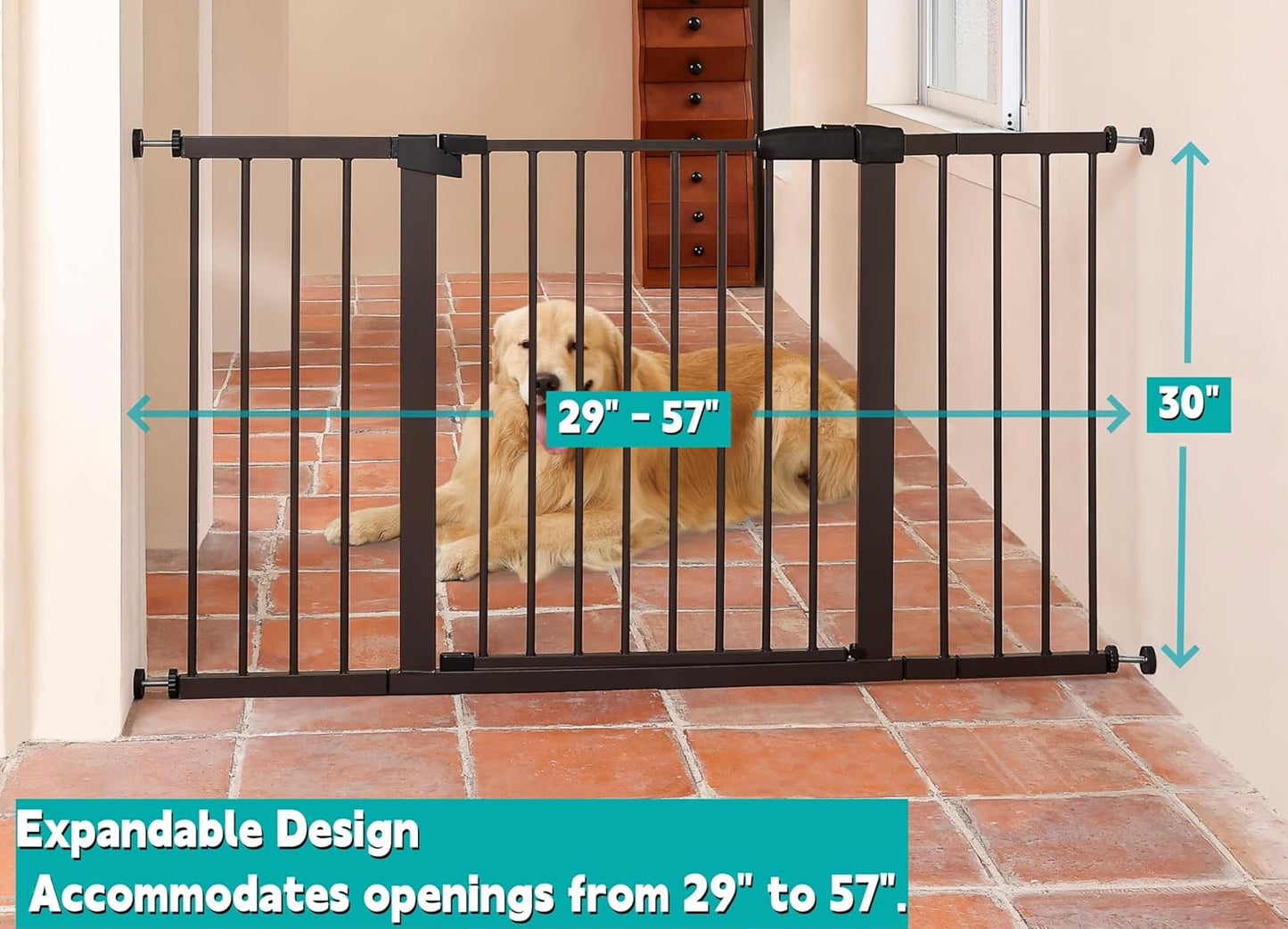 44.72"-46.89" Baby and Pet Safety Gate, 30" Tall Metal Walk-Thru Gate for Doorways & Stairs, Easy One-Hand Open, Dual Lock, Extensions & Wall Mounts Included (Brown, 29"-46" W x 30.5“H)