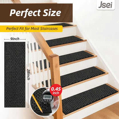 JSEI Stair Treads for Wooden Steps, 14 Pack 9" X 28" Non-Slip Machine Washable Carpet Stair Treads with TPE Backing, Soft Indoor Stair Rug Runner for Kids Elders & Pets, 100% Polyester, Greyish Brown