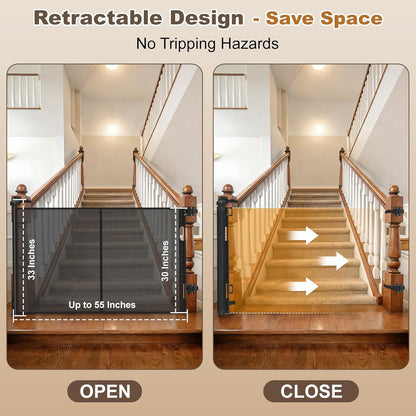 Upgraded Retractable Baby Gates for Stairs & Banister, Mesh Dog Gate Indoor, Extends to 55" Wide 33" Tall, Child Safety Gate for Stairway, Banister & Wall Mount (Gray)