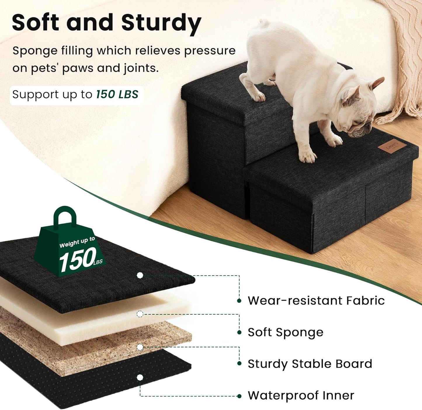 Love's cabin Dog Stairs with Storage 13" H, Foldable Pet Stairs for Small Medium or Large Dogs, Cat Puppy Steps Ramp with Zip up to 150 lbs, Solid Grey, 2 Steps