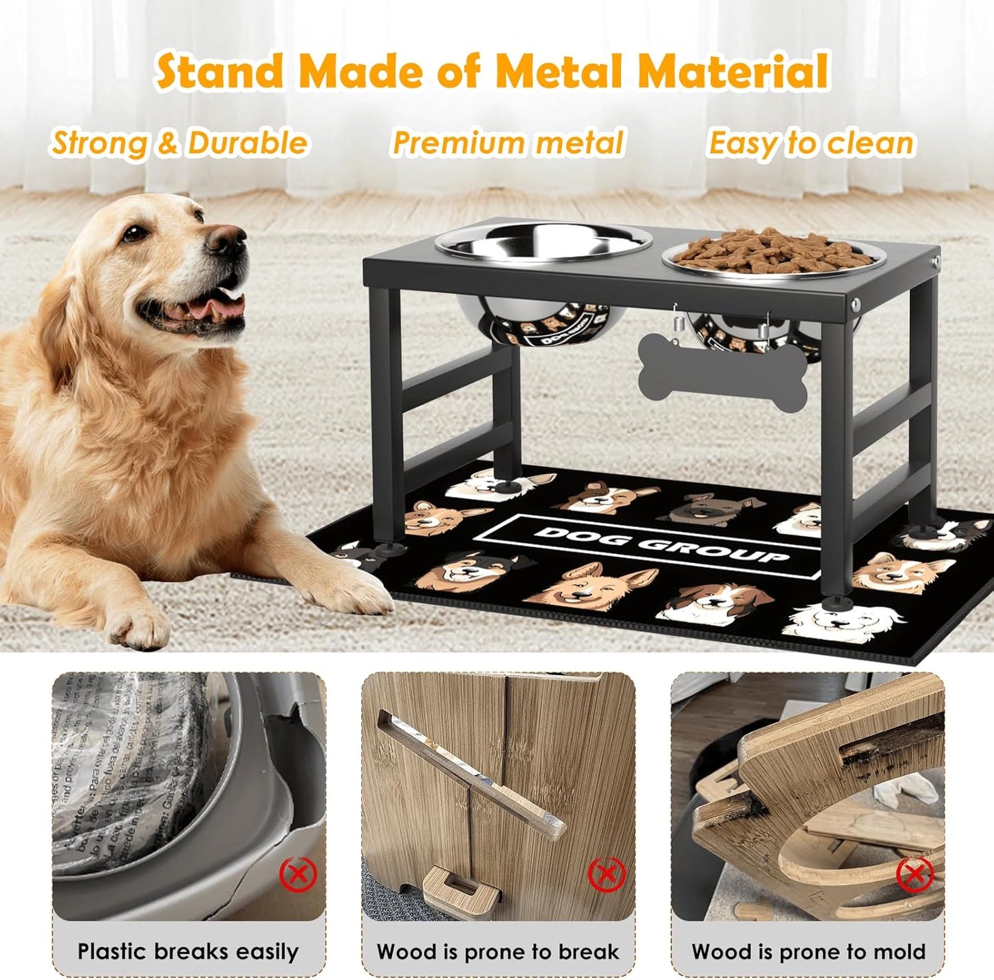 ADENGL Metal Raised Dog Bowl, 10" Tall Elevate Dog Feeder Stand with 2 Stainless Steel 42oz Bowls & 16x24 Non-Slip Mat – Stronger Dogs Food & Water Bowl Stand (Black)