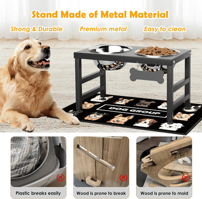 ADENGL Metal Raised Dog Bowl, 10" Tall Elevate Dog Feeder Stand with 2 Stainless Steel 42oz Bowls & 16x24 Non-Slip Mat – Stronger Dogs Food & Water Bowl Stand (Black)