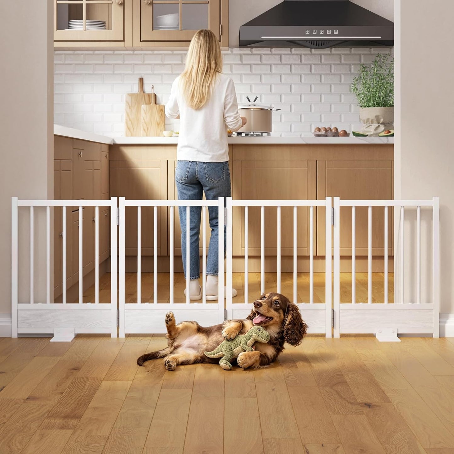 Dog Gate for Small Dogs, 48" No Drill Foldable Reinforced Base Pet Fence, Heavy Duty Step-Over Doorway Puppy Barrier, Anti-Tip Metal Frame, Supports 200+ lbs, Black