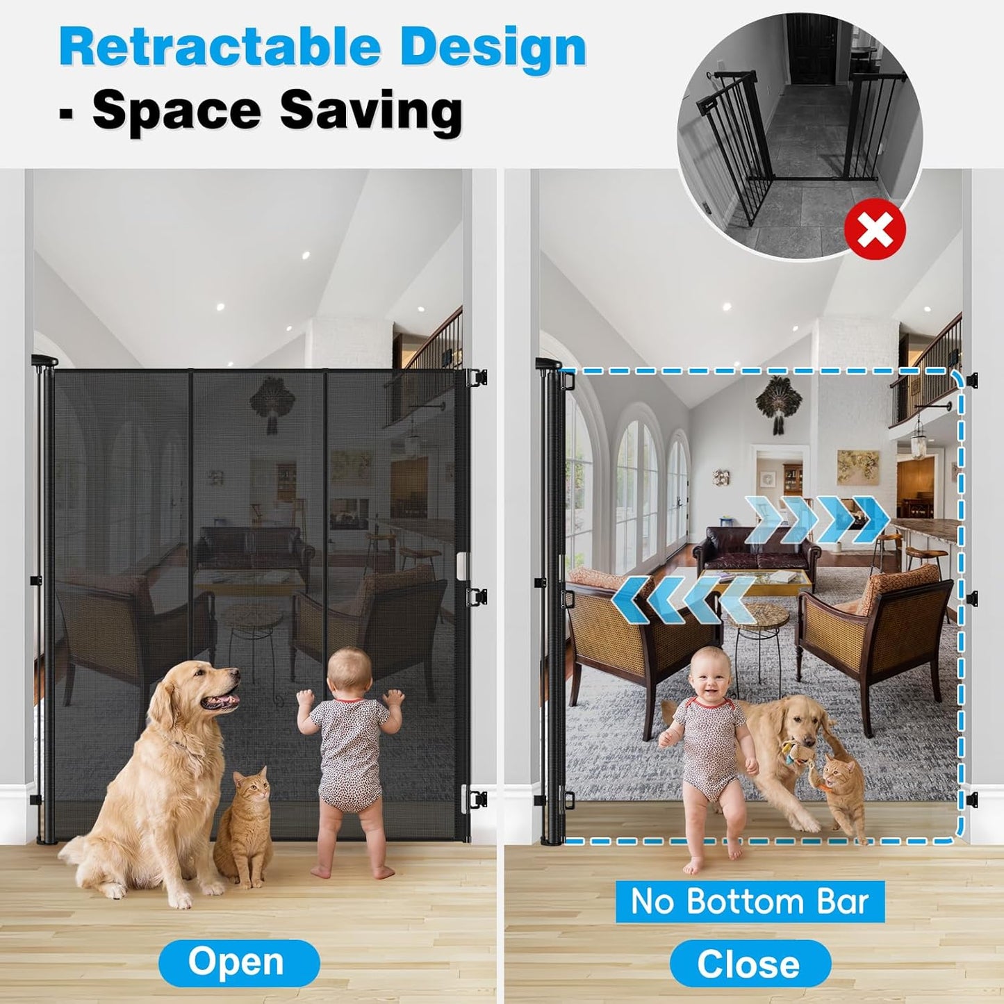 Reinforced 65" Extra Tall Pet Gate for Doorway, Jump-Resistant & Prevent Crawling Underneath Retractable Baby Gates Extra Tall, 0-55" W Retractable Dog Gate for Pet, Dogs, Cats, Puppies, Babies, Black
