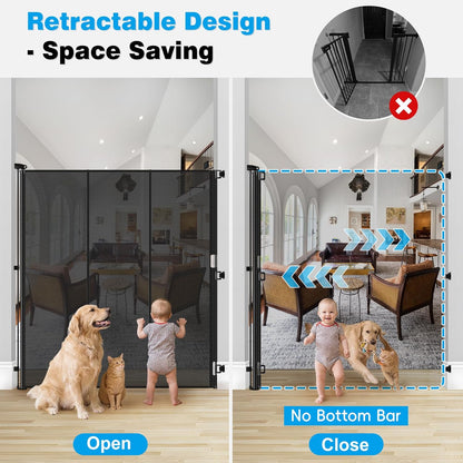 Reinforced 65" Extra Tall Pet Gate for Doorway, Jump-Resistant & Prevent Crawling Underneath Retractable Baby Gates Extra Tall, 0-55" W Retractable Dog Gate for Pet, Dogs, Cats, Puppies, Babies, Black