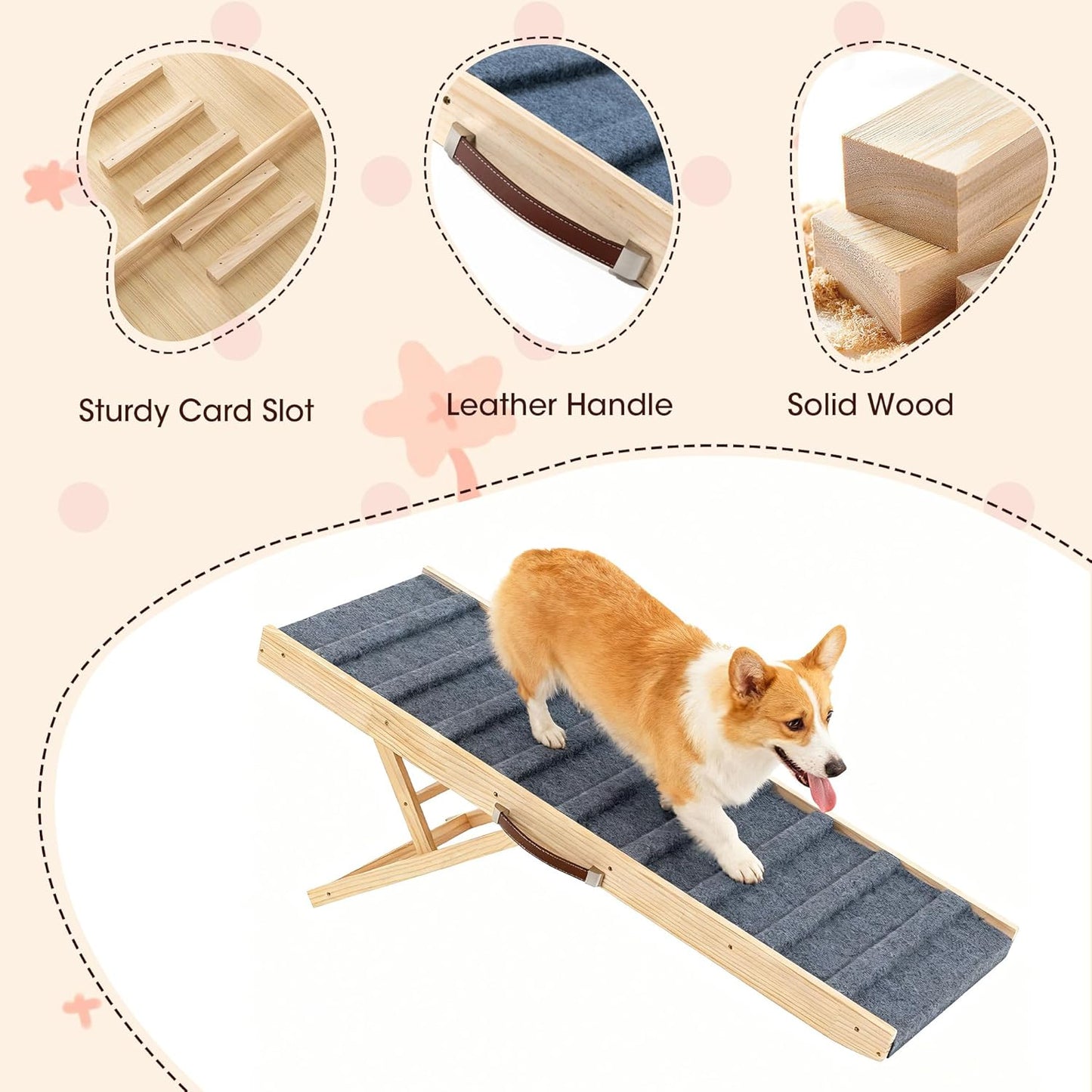 Dog Ramp for Bed, 39.4" Long Wooden Pet Ramp for Small & Large Dogs, 4 Adjustable Heights 12.2" to 22" with Anti-Slip Carpet & Carrying Handle Holds, Portable Dog ramps for Car, Bed, Couch, Outdoo