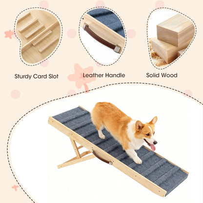 Dog Ramp for Bed, 39.4" Long Wooden Pet Ramp for Small & Large Dogs, 4 Adjustable Heights 12.2" to 22" with Anti-Slip Carpet & Carrying Handle Holds, Portable Dog ramps for Car, Bed, Couch, Outdoo