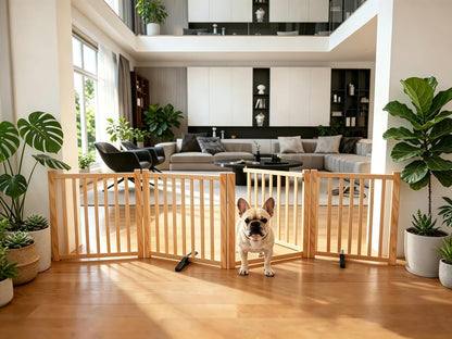 Wooden Dog Gate Indoor, 23" H Freestanding Dog Gates with Door, No-Painted Foldable Puppy Fence, Doggy Barrier for Doorway, Stairs- 4 Panels
