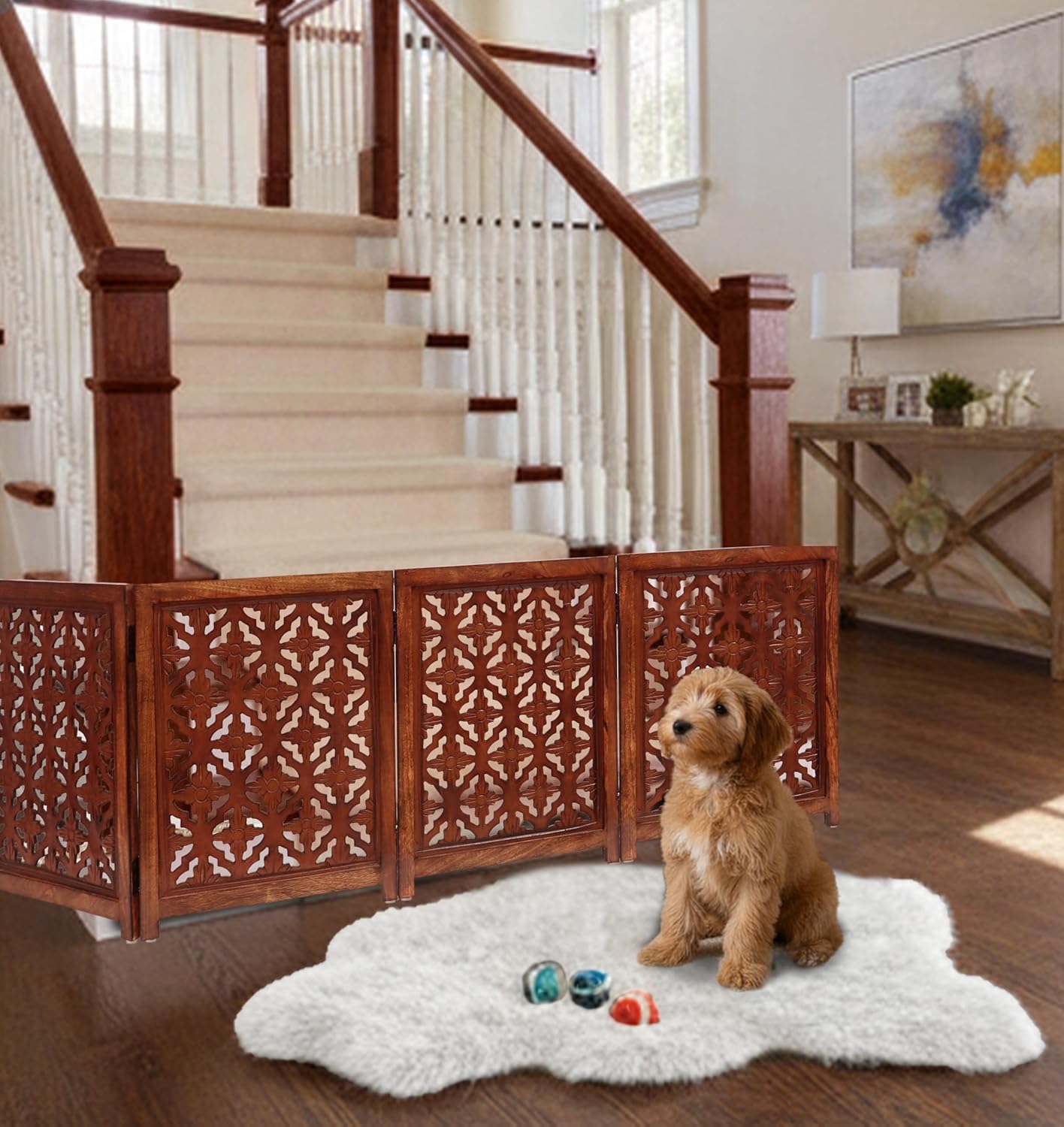 Croft&Cane Wooden Foldable Pet Dog Safety Gate – 3 Panel Freestanding Indoor Pet Fence (20 inches W x 24 inches H) – Hand-Carved Solid Wood & MDF – Fully Assembled - Antique Brown