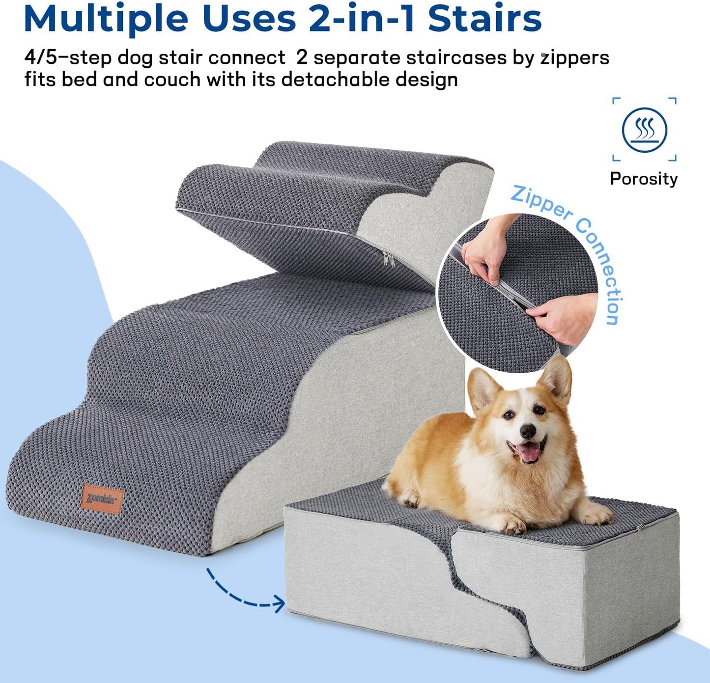 ZOMISIA Dog Stairs Ramp for High Beds Up to 25" - 5 Step Pet Stairs for Small to Large Dogs, 35D Foam Dog Steps for Couch with Non-Slip Bottom Grey