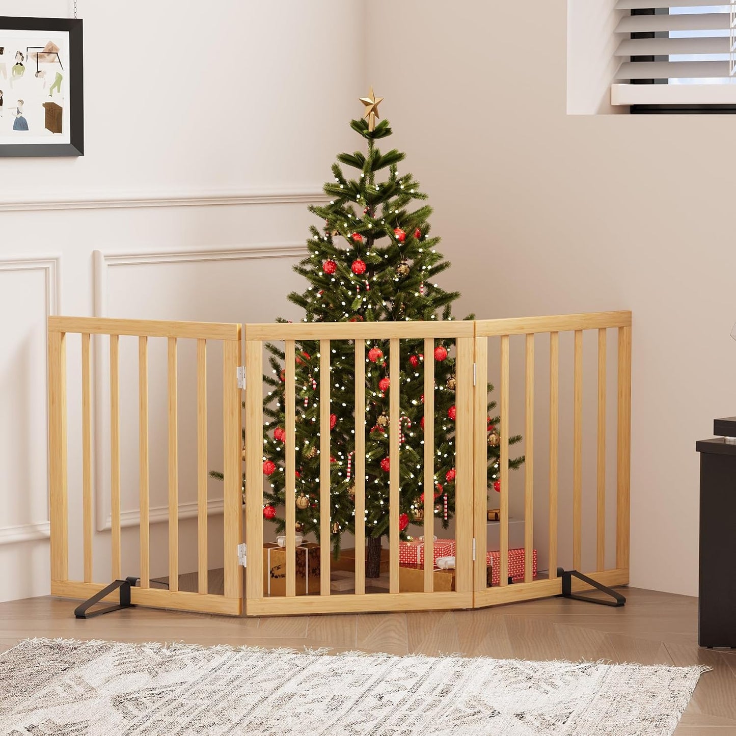 Freestanding Foldable Dog Gate - 4 Panel Room Divider with Metal Support Feet (Black)