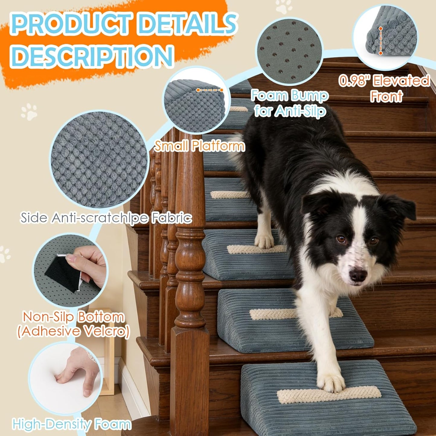 3-Pack Dog Ramp for Stairs, 40D Dog Stair Ramp, Pet Ramp for Stairs for Small & Senior Dog Stairs Ramp for Injured Dogs with Anti Slip Strip, 13.7 x 9.8 x 4.7 in,Gentle Slope Pet Safe, Washable Cover