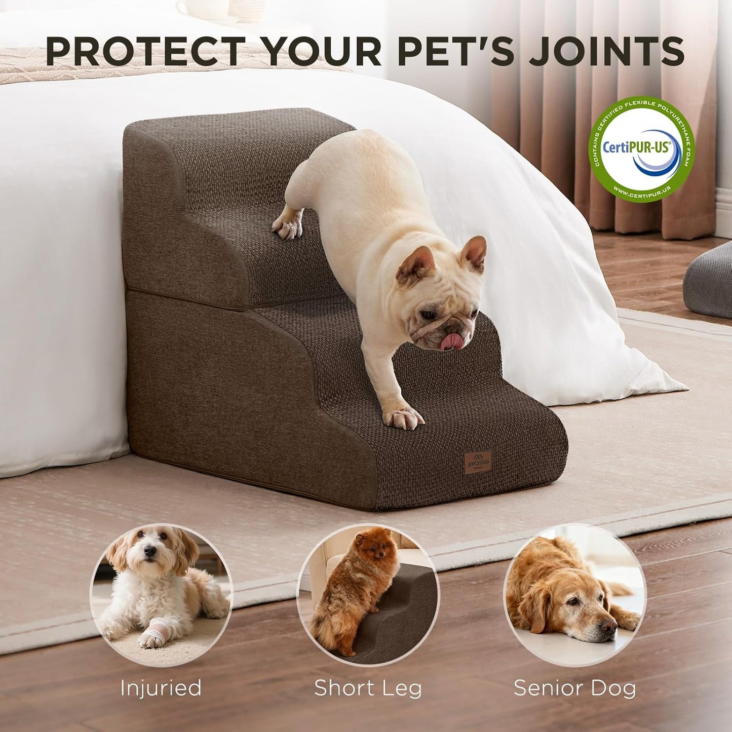 Joydeco Dog Stairs for Bed 17.1" H, 3-Step Pet Steps for Small Dogs and Cats, Dog Steps for High Bed, Non-Slip Balanced Ramp Indoor Pet Stairs, Beige