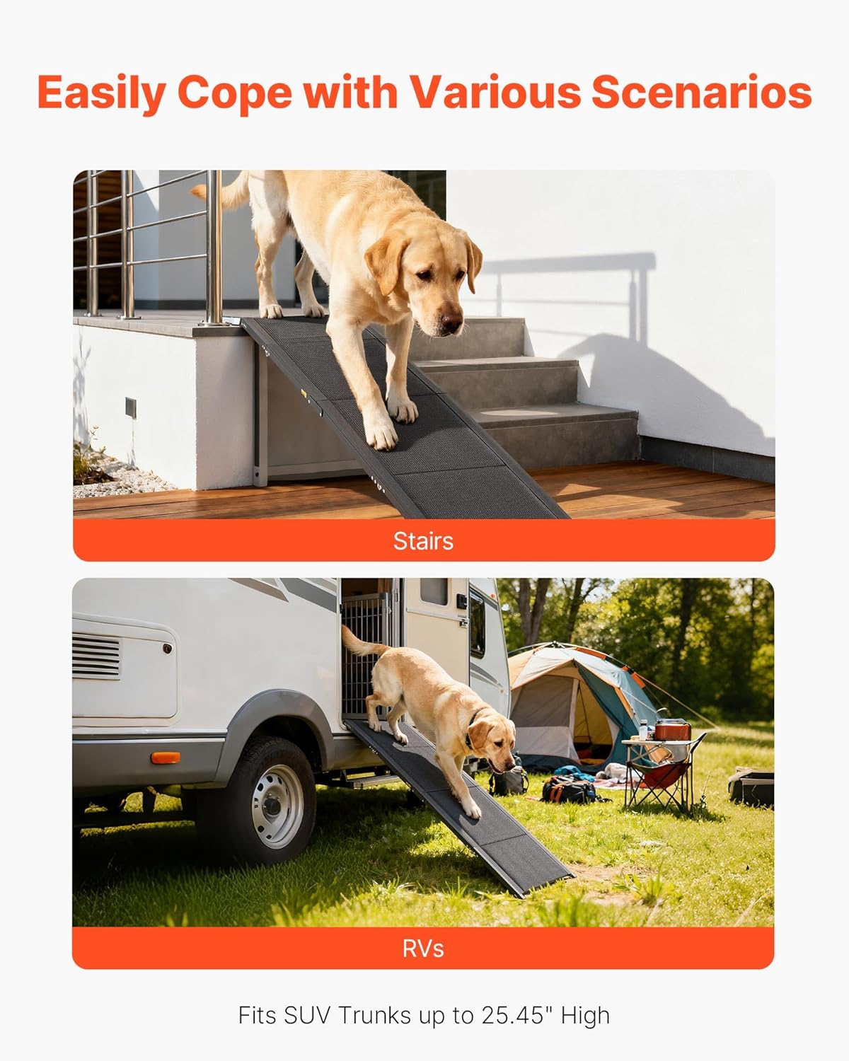 VEVOR Dog Ramp for Cars, 63" L x 17" W, Folding Pet Ramps for Medium & Large Dogs up to 250lbs, Pet Stair Ramp with Non-Slip Felt Rug Surface, Portable Outdoor Dog Car Ramps for SUV & Truck