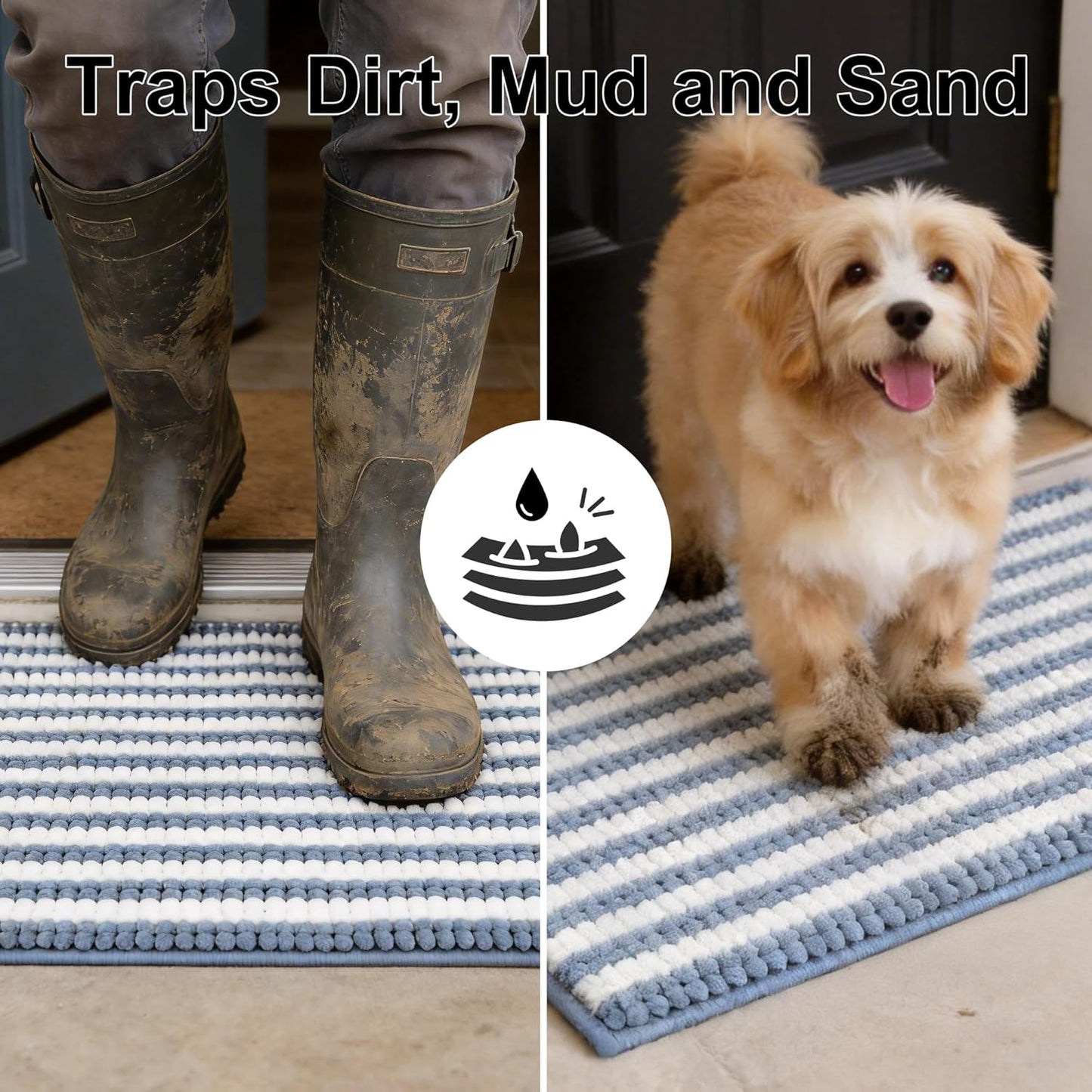 pobopobo Dog Door Mat for Muddy Paws - Absorbent & Washable Chenille Rug, Non-Slip Dirt Trapper for Indoor Outdoor Entryway, Quick Dry Pet Mat for Muddy Dogs (Striped Gray-Blue&White, 24" x 16")