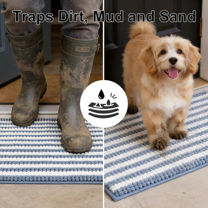 pobopobo Dog Door Mat for Muddy Paws - Absorbent & Washable Chenille Rug, Non-Slip Dirt Trapper for Indoor Outdoor Entryway, Quick Dry Pet Mat for Muddy Dogs (Striped Gray-Blue&White, 24" x 16")