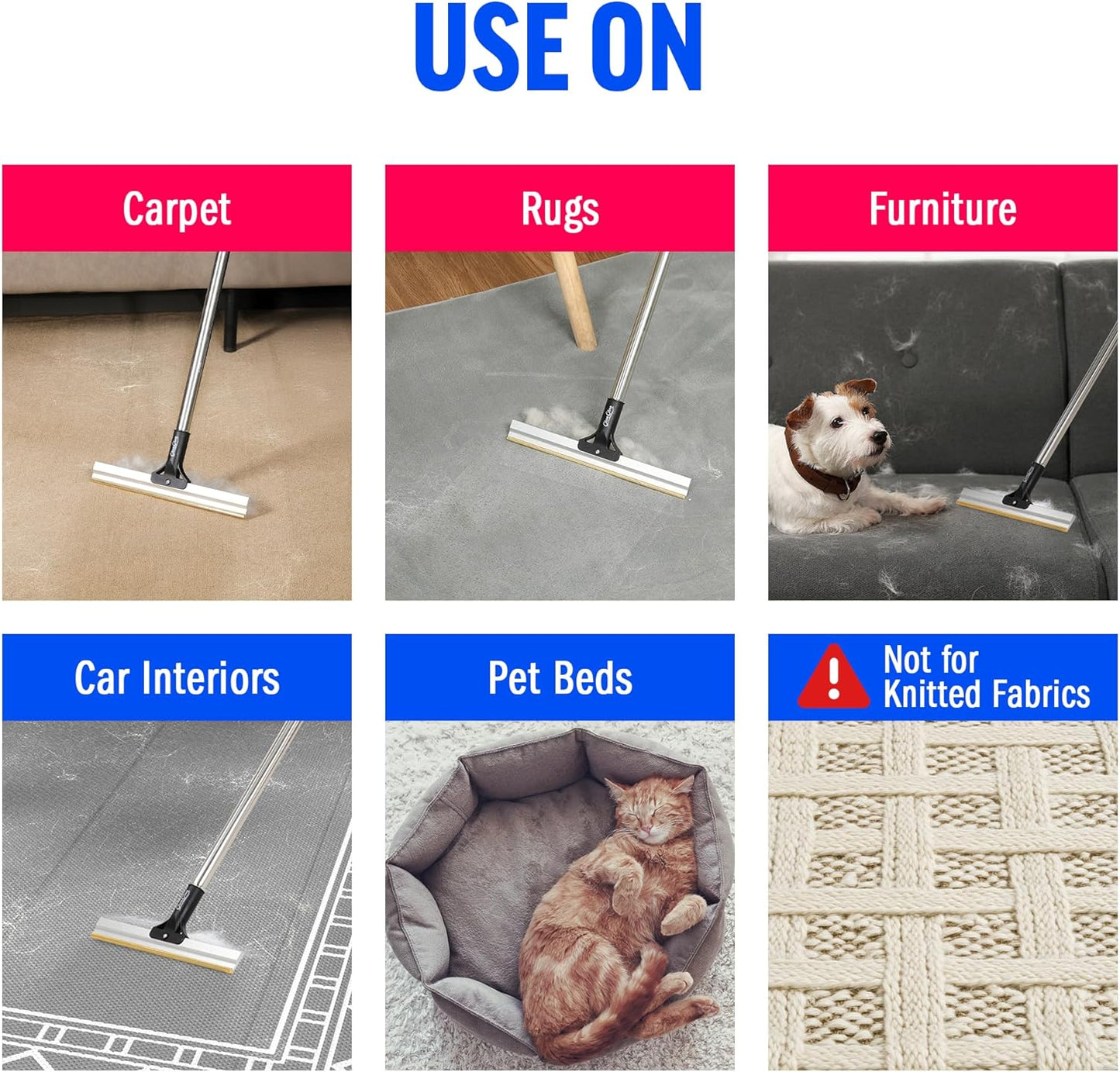 ChomChom Carpet Rake – Adjustable Pet Hair Remover Tool Up to 64 in Long – Deep Clean Embedded Pet Hair with Teeth Technology – Reusable, Quiet – for Carpets, Stairs, Rugs, Pet Beds, Cars & More