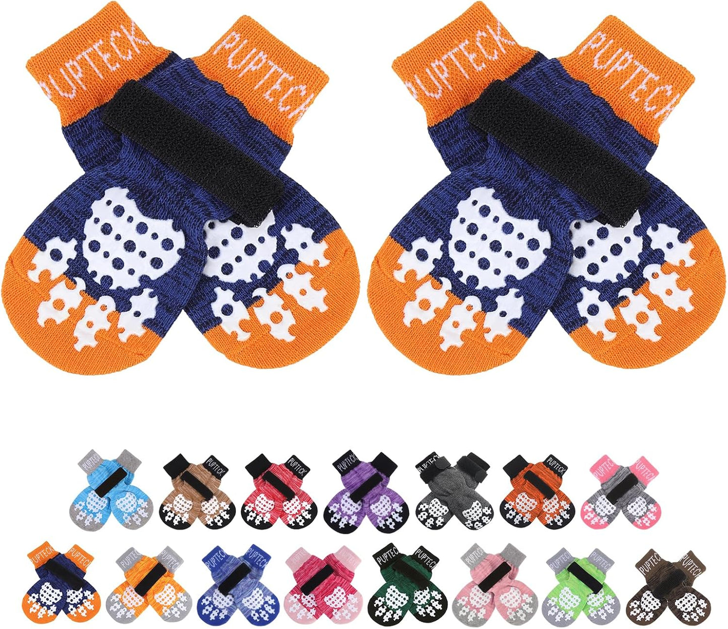 PUPTECK Anti-Slip Dog Socks with Double Sides Grips for Small Medium Large Dogs Hardwood Floors Prevents Licking, Dog Shoes for Hot Pavement Traction Control Paw Protector for Senior Dogs, Grey L