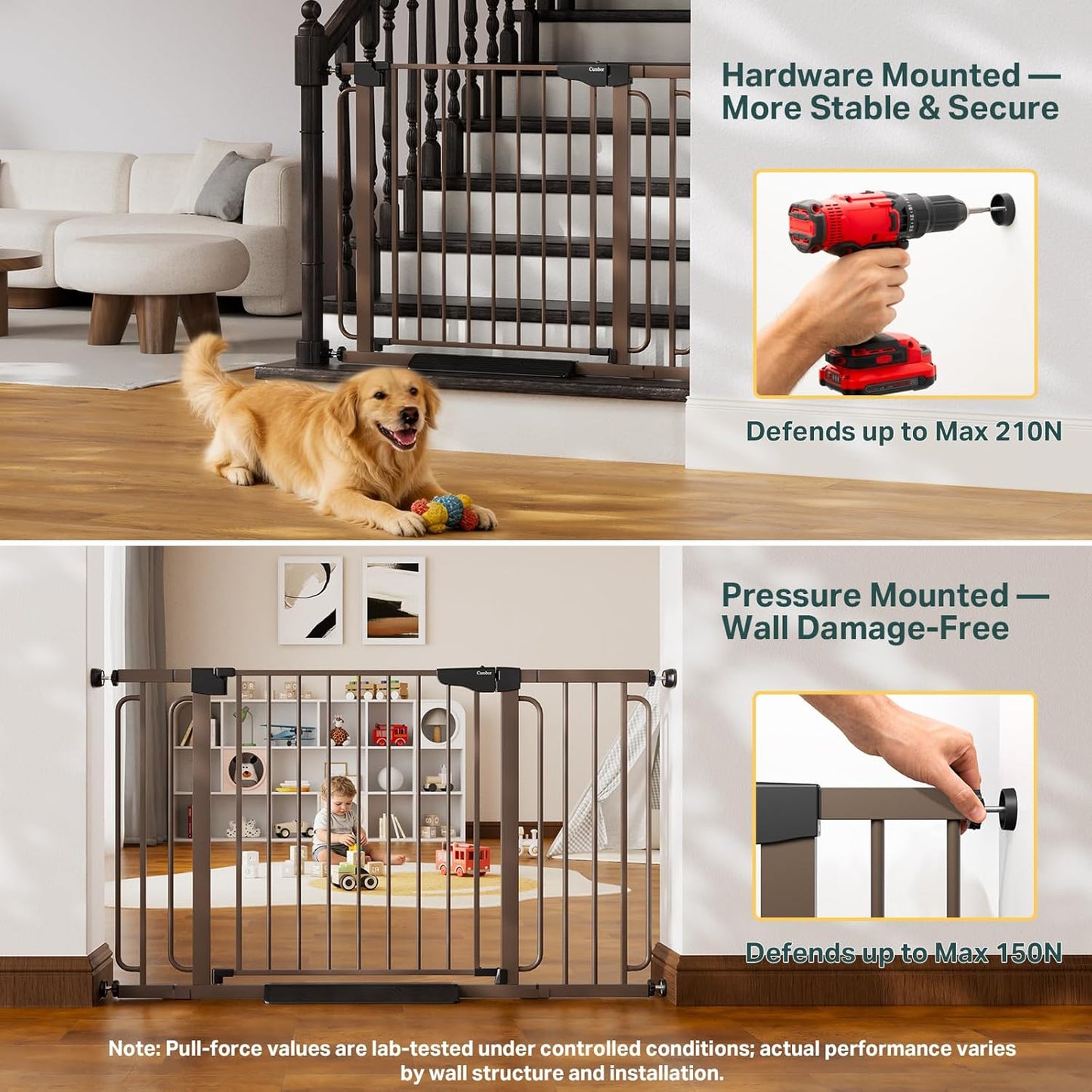 Cumbor 36.6-64" Extra Wide Baby Gate for Stairs, Dog Gates for Doorways, Auto-Close Pet Gate Indoor, Pressure Mounted Walk Through Safety Child Gate for Kids Toddler, Tall Pet Puppy Fence Gate, Brown