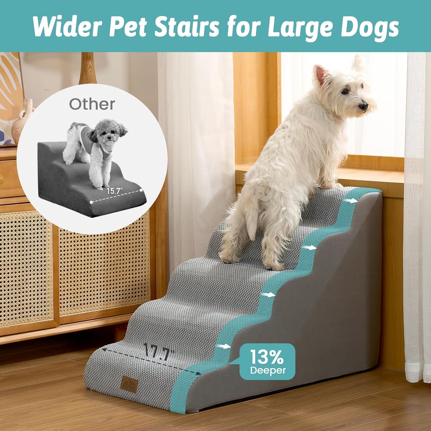 COZY KISS Extra Wide Dog Stairs with Tunnel, Foam Detachable Large Dog Step for Small Pet, Puppy or Cats, Medium Pet Ramp for High Bed, Couch, Sofa or Car, 19.7x33x22.4 inch, 5 Step, Beige