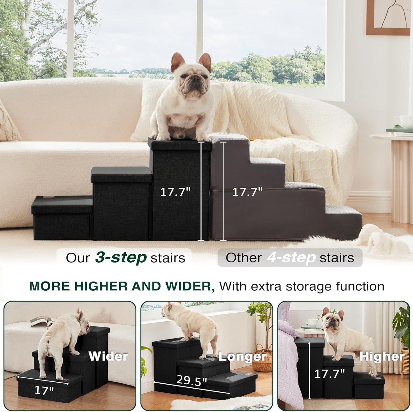 Love's cabin Dog Stairs with Storage 13" H, Foldable Pet Stairs for Small Medium or Large Dogs, Cat Puppy Steps Ramp with Zip up to 150 lbs, Solid Grey, 2 Steps