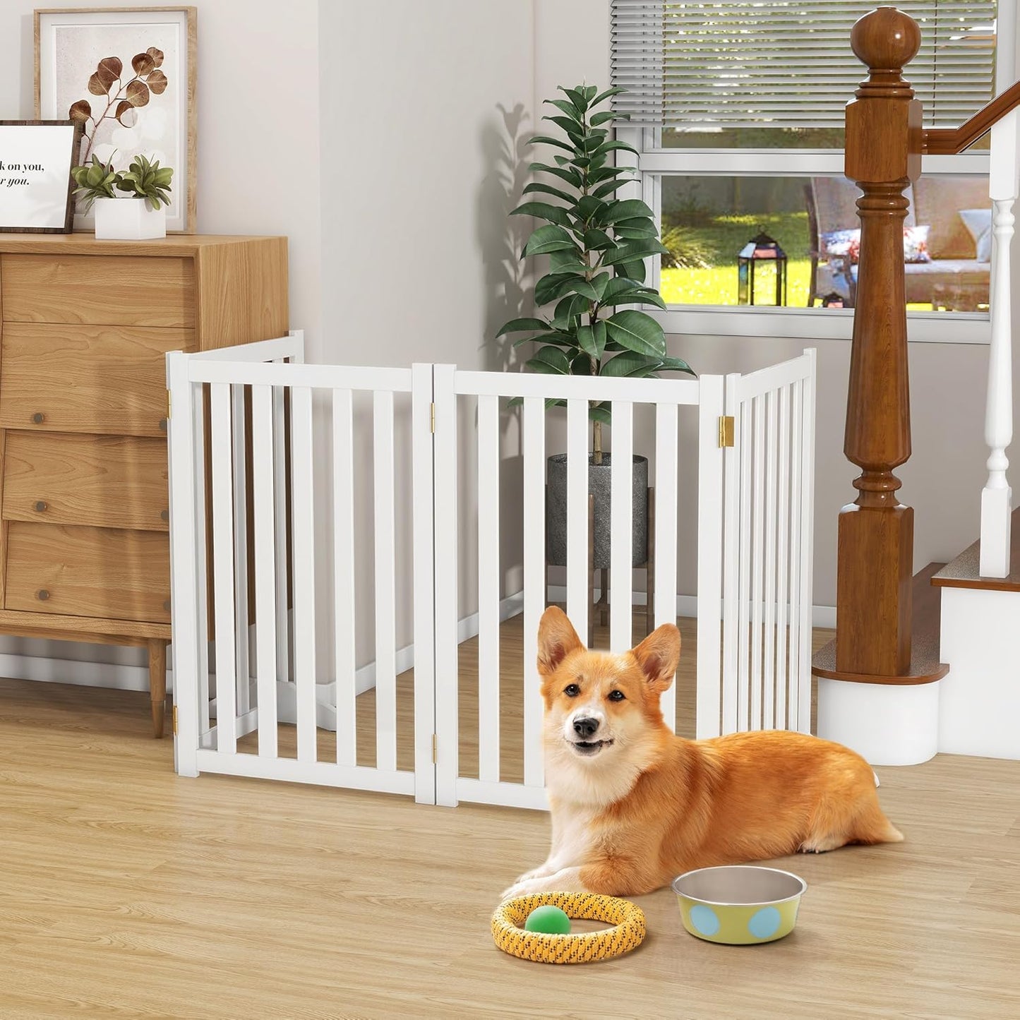 36" Height Extra Tall Freestanding Pet Gate, Solid Wood Folding Safety Fence Wooden Dog Gate with 2 PCs Support Feet Ideal for Stairs, Doorways, Halls, Kitchens, Heavy Duty Gates, 3 Panels, Oak