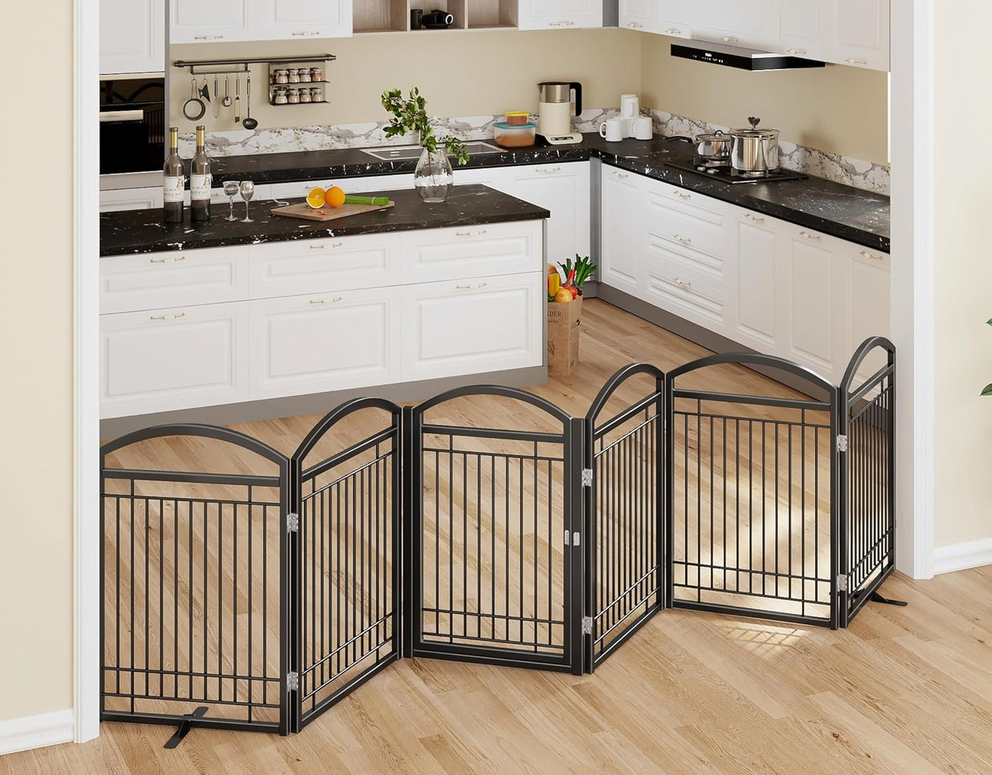 Folding No-Assembly Metal Freestanding Dog Gate with Door Walk Through,32" Height Pet Fence,144" Extra Wide Accordion Puppy Folding Playpen for Doorways,House,Stairs (6 Panels,White)
