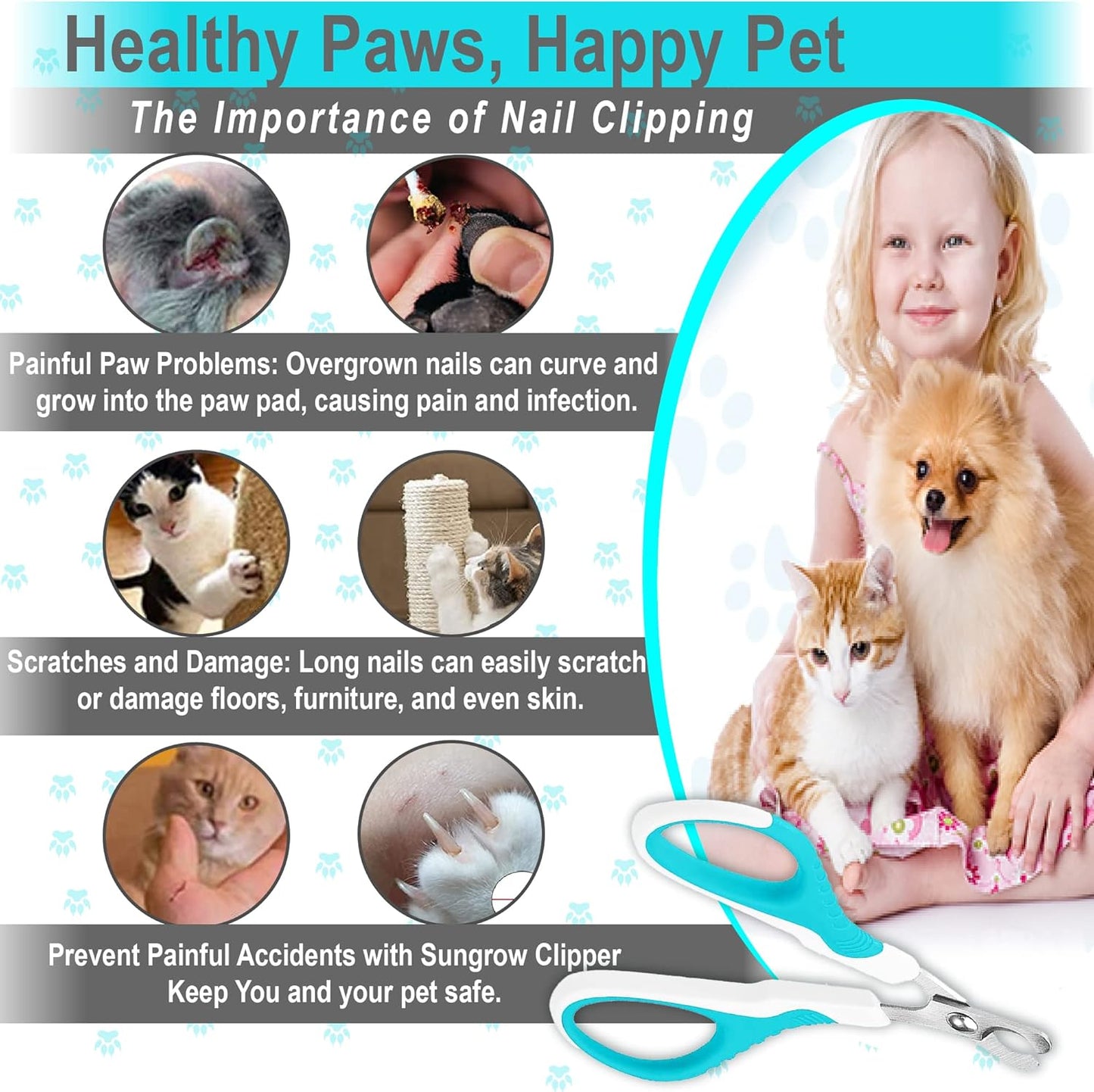SunGrow Dog Nail Trimmer for Small and Medium Dogs, Cat Nail Claw Clipper, Non-Slip Handle, Professional Paw Grooming and Nail Care, Stainless Steel Blade