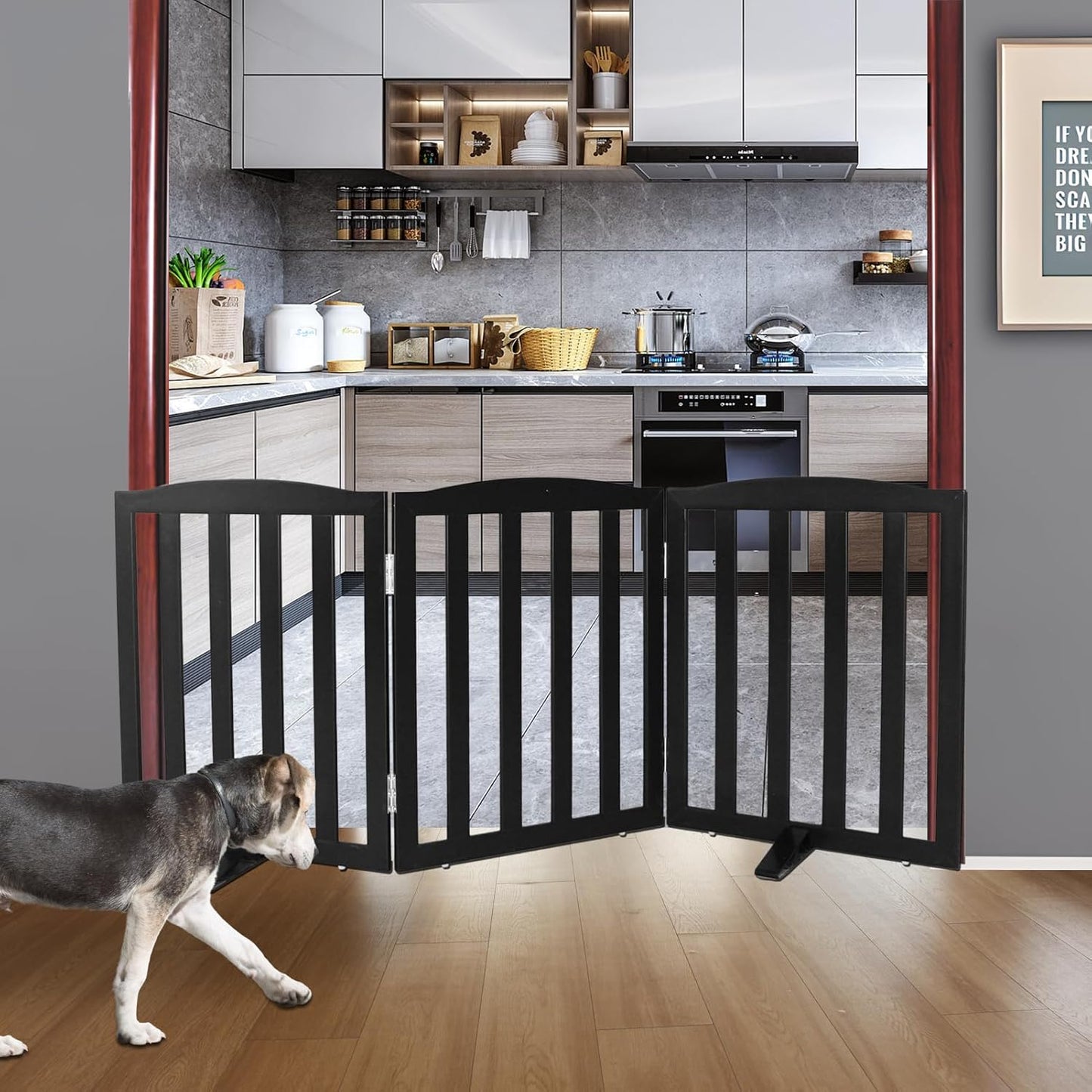 ZJSF Foldable Freestanding Indoor Dog Gate for House Wood White Long Pet Gates Dog Fence for Stairs Puppy Gates for Hallways,Pet Fence, Puppy Gate,Support Feet Included 24 "Height-3 Panels