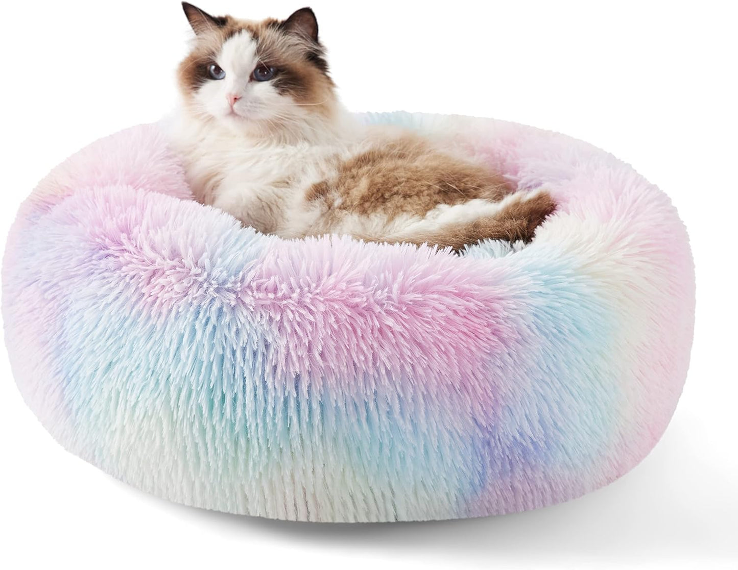 Bedsure Calming Dog Bed Medium Size Dog - Donut Washable Medium Pet Bed, 30 inches Anti-Slip Round Fluffy Plush Faux Fur Cat Bed, Fits up to 45 lbs Pets, Camel