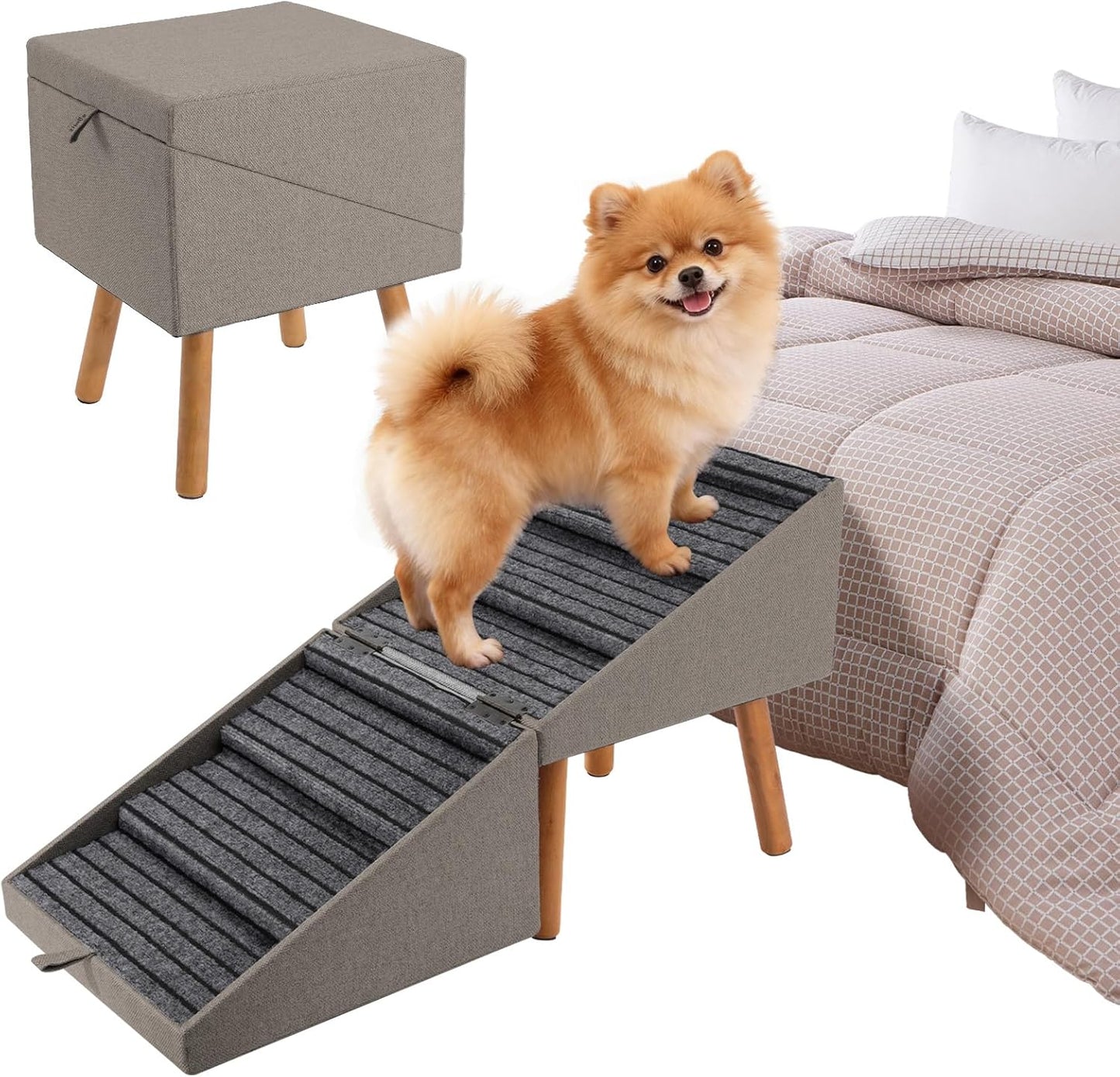Dog Ramp for Bed & Couch, Dog Stairs 21.06 inches High for Large/Medium/Small Doggie, Foldable 2 in 1 Wooden Pet Steps for Puppy Older and Injured Dogs, Split Ottoman Design, No-Slip Surface